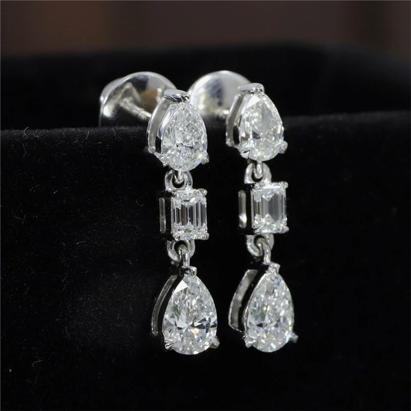 

RandH 18K Solid White Gold Pear Emerald Cut Three Stones Earring 3.2ctw Lab Grown Moissanite Eardrop For Wedding Engagement Gift