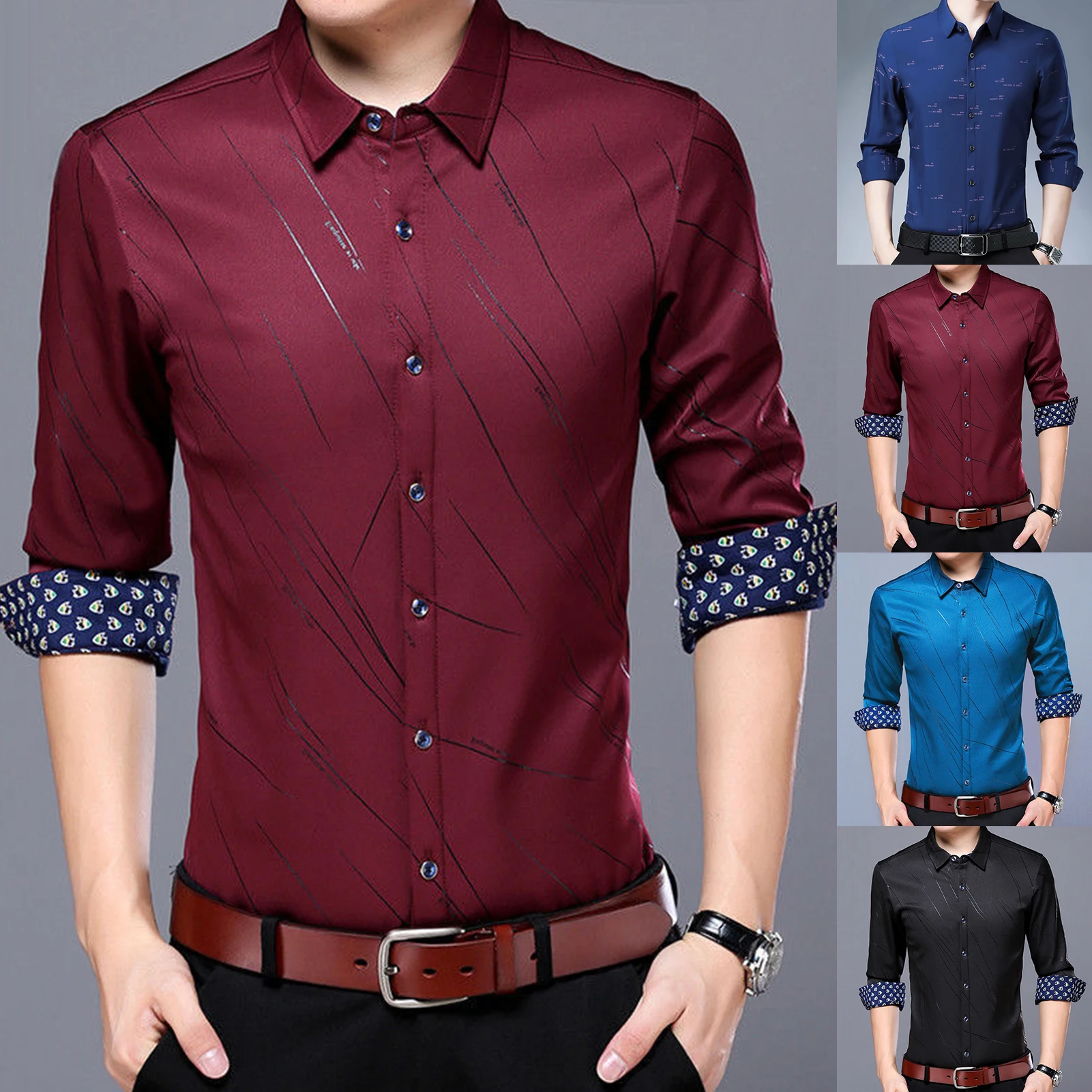 Camisa xadrez de manga longa masculina, camisa da moda para negócios com letras e listras estampadas e botões, camiseta casual de tamanho pequeno