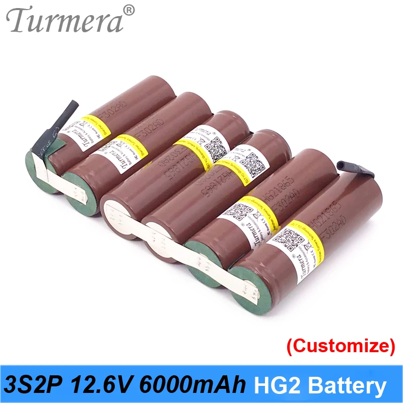 

Turmera 10.8V 12.6V 3S2P 6000mAh 30A Lithium Battery 18650 HG2 3000mAh Battery with Soldering for Screwdriver Battery Customized