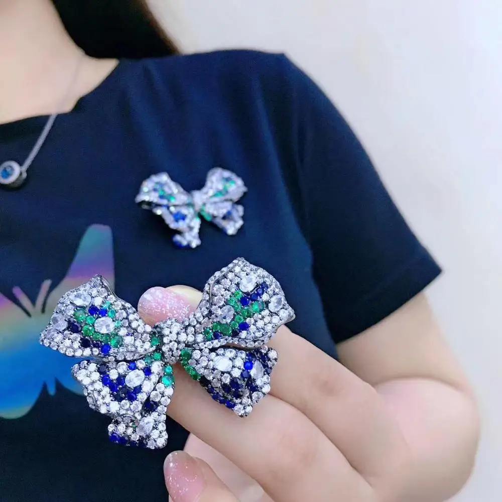 925 sterling silver with cubic zircon butterfly brooch dark mixed color fine women jewelry free shipping 38*53MM