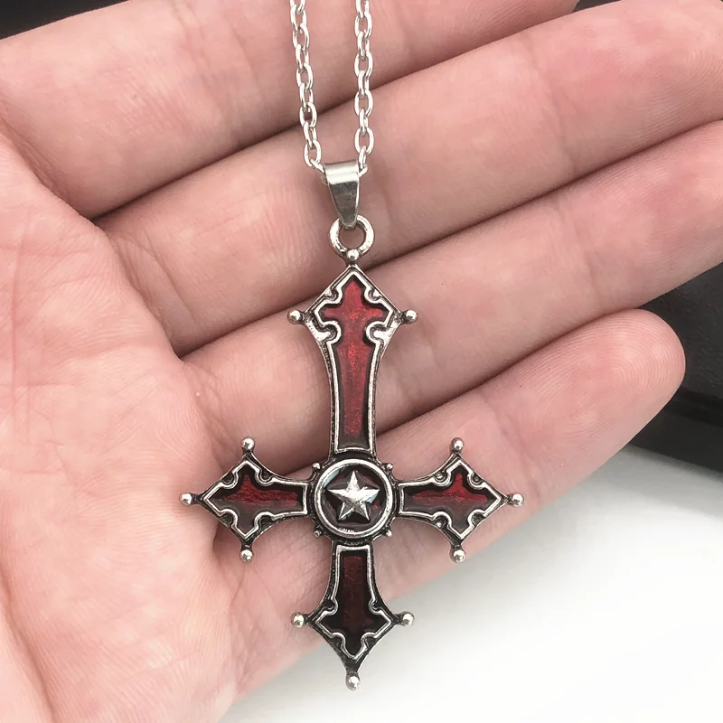 Red Bloody Inverted Cross Pendant Necklace Vintage Gothic Cross Pendant Necklace Devil Lucifer Satan Satanic Jewelry