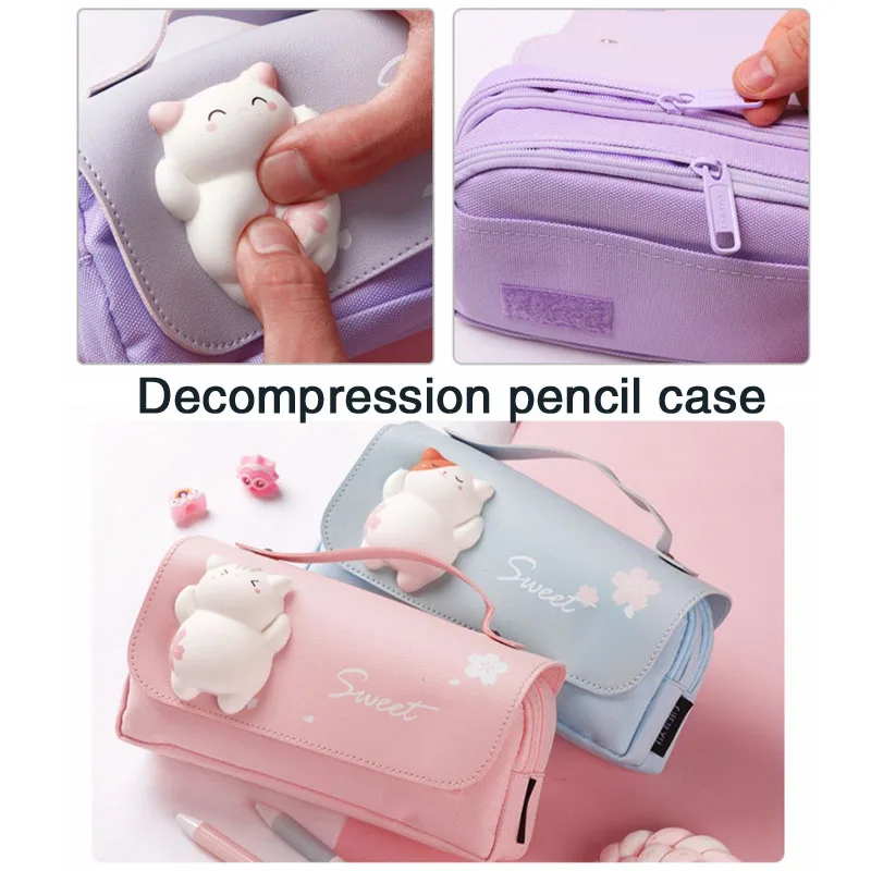 Imagem -03 - Cute Cat Decompression Pencil Case Grande Pencil Box Portable Girls Pen Bolsa Bolsa Escolar de Dupla Camada Papelaria Kawaii