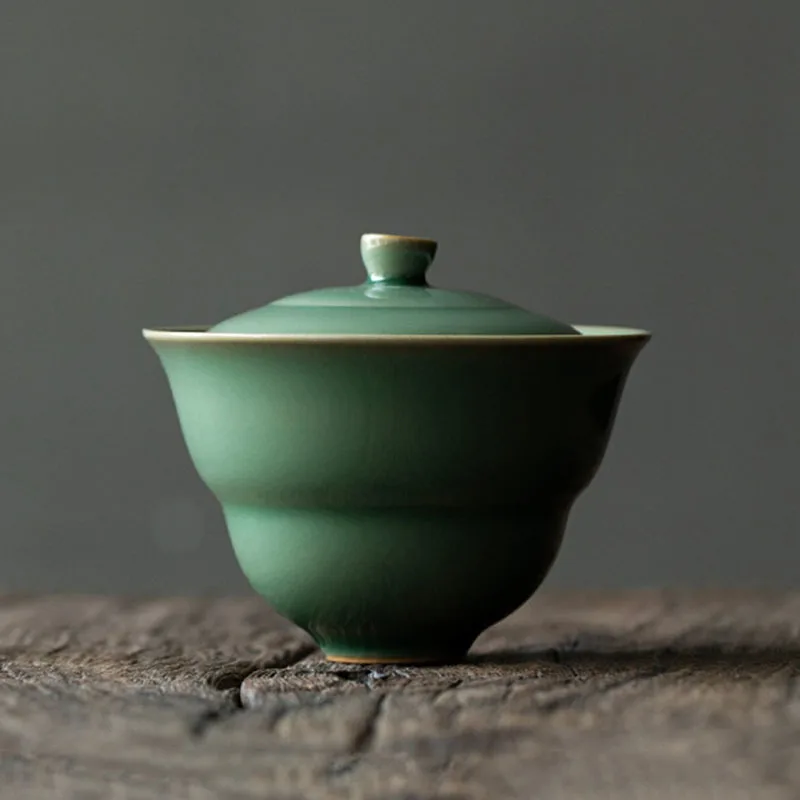 125ml Yue Kiln Celadon Tea Tureen Handmade Gourd Shape Ceramic China Tea Maker Gaiwan Japanese Tea Bowl With Lid Kung Fu Teaware