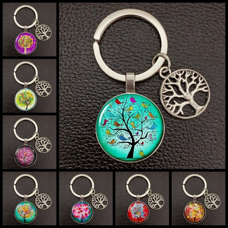 New Keychain Bird and Tree of Life Glass Convex Metal Key Ring Jewelry Daughter\'s Birthday Gift for Tree of Life