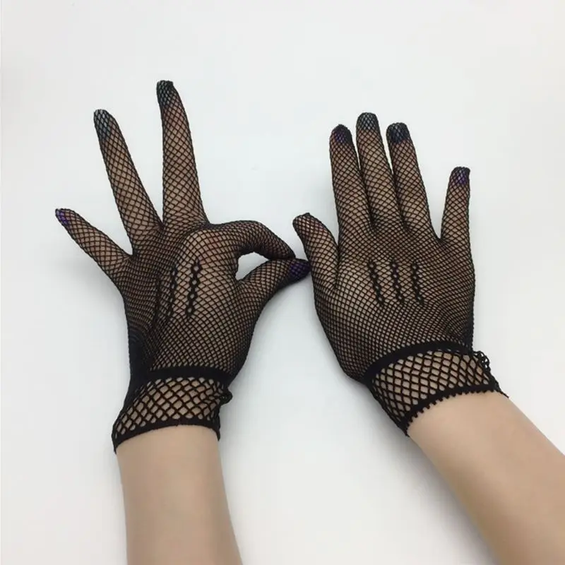 Women Bridal Sexy Hollow Out Fishnet Full Fingered Gloves  Wrist Length Elastic Solid Color Sunscreen Mittens Wedding Party 2