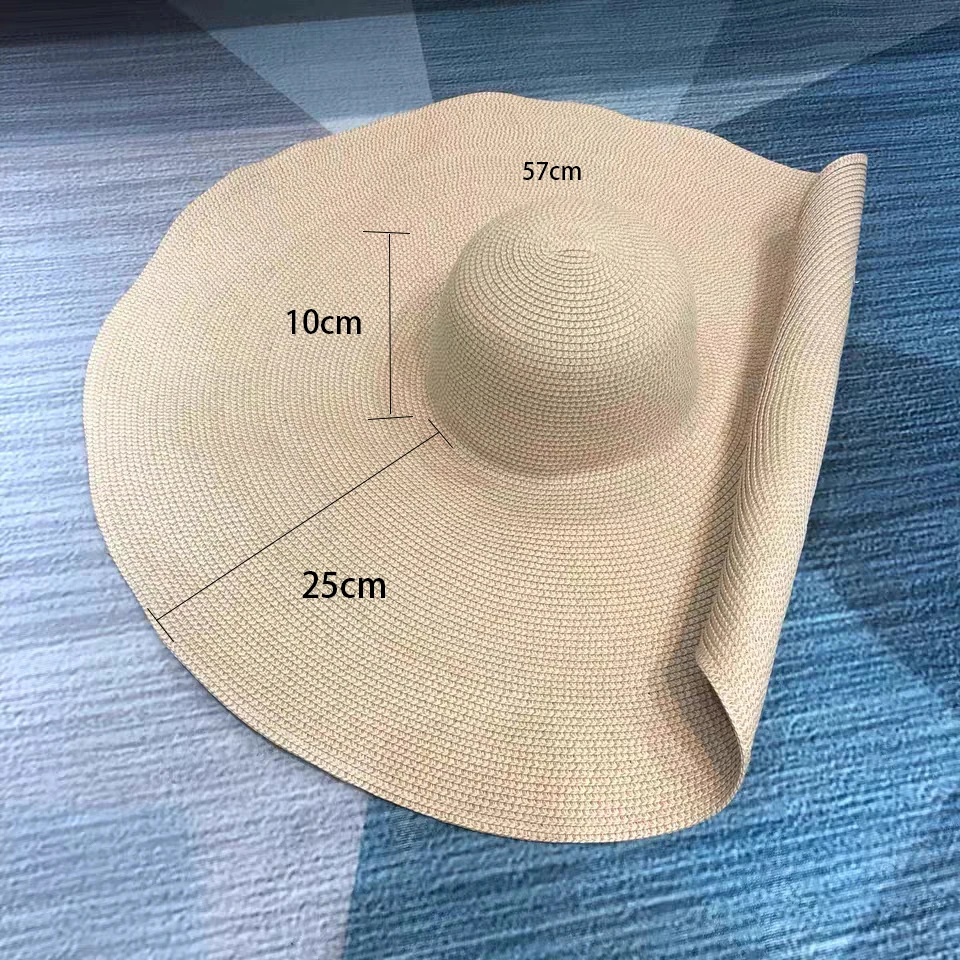 Summer 25CM Wide Brim Oversized Beach Hats For Women Large Straw Casual Vacation Panama Hat UV Protection Foldable Sun Shade Hat