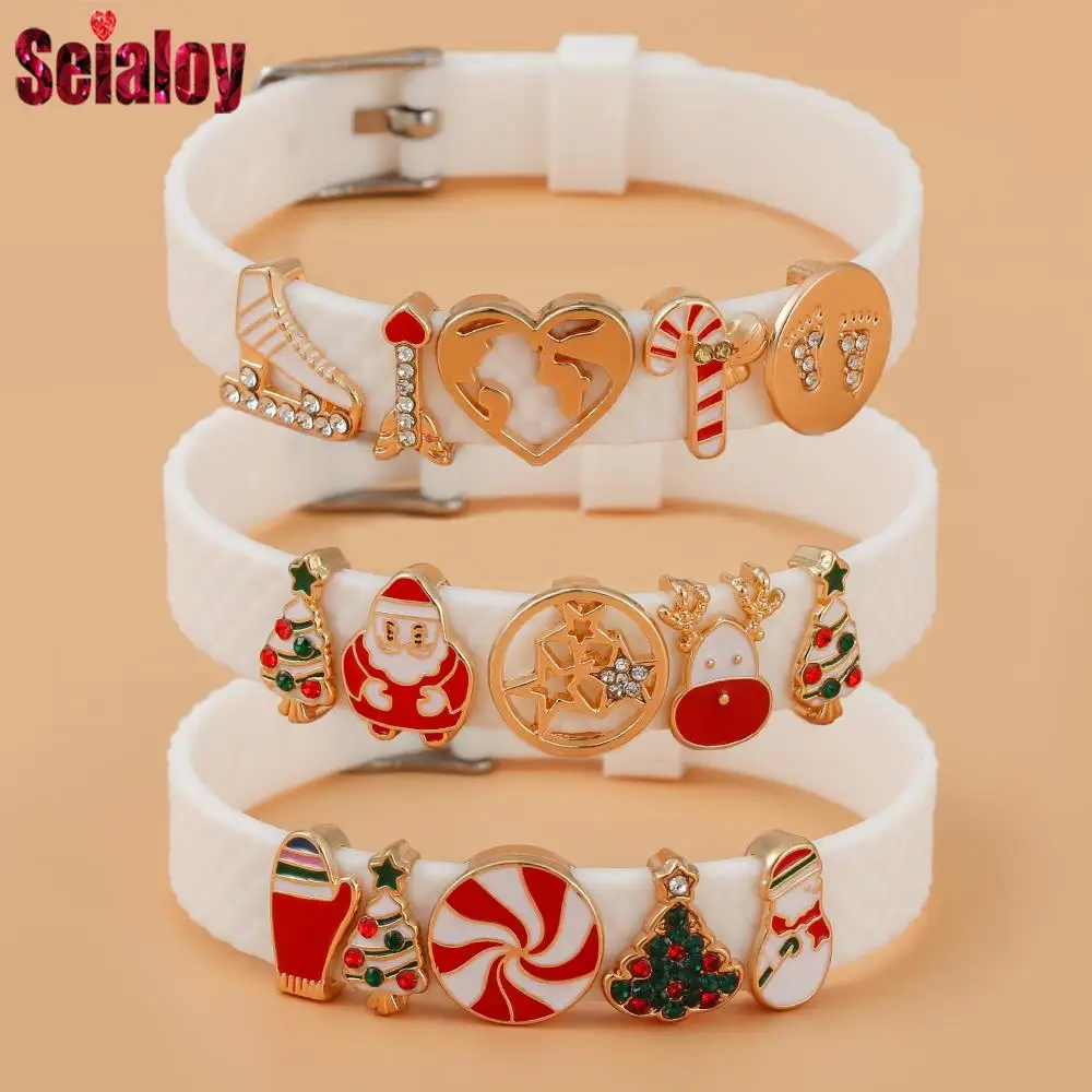 Seialoy 10mm White Silicone Belt Bracelets For Women Girls Christmas Beads Charm Adjustable Bangle Kids New Year Xmas Gifts