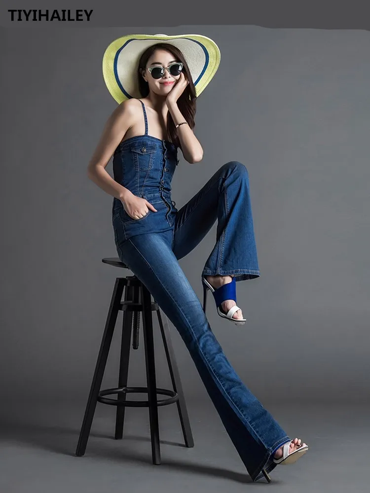 Tiihailey – combinaison en Denim pour femmes, livraison gratuite, pantalon bavoir, taille haute, coupe de botte, bretelles Spaghetti, taille 24-30,