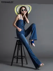 TIYIHAILEY Free Shipping Fashion Summer Denim Bib Pants High Waist Boot Cut Spaghetti Strap Jumpsuit For Tall Women size 24-30