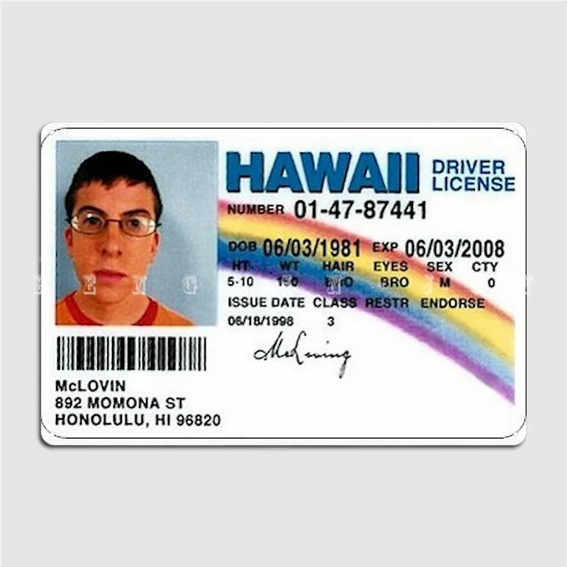 Mclovin Fake Id Metal Sign Wall Mural Garage Club Design Plaques Tin Sign Poster