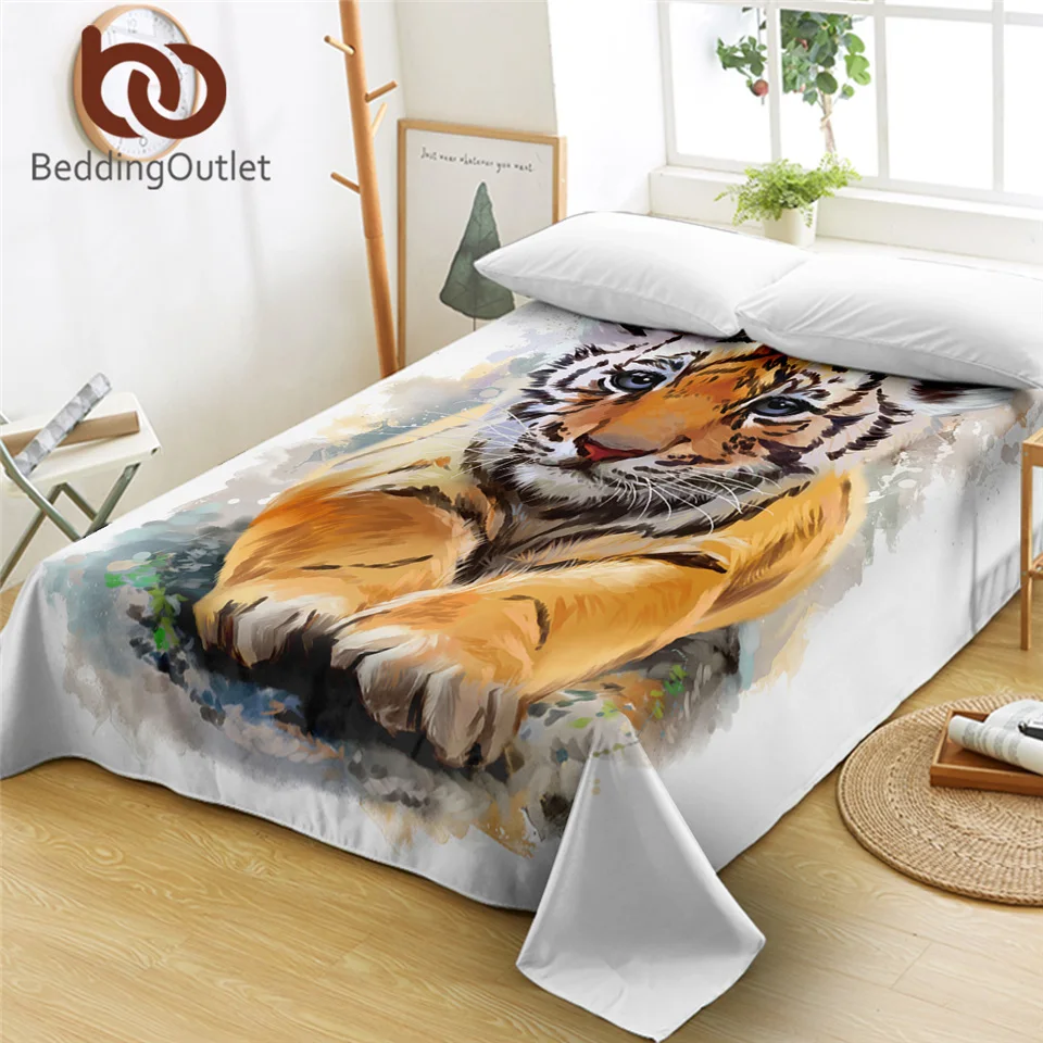 BeddingOutlet Tiger Bedspread Watercolor Flat Sheet Wild Animal Bedroom Bed Sheet White Mattress Protector Cover sabanas 1-Piece