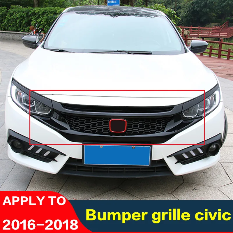 

For Glossy Black Front Bumper Racing Grills Honda Civic Honeycomb Mesh Grille Cover Refit Body Kit 2016 2017 2018