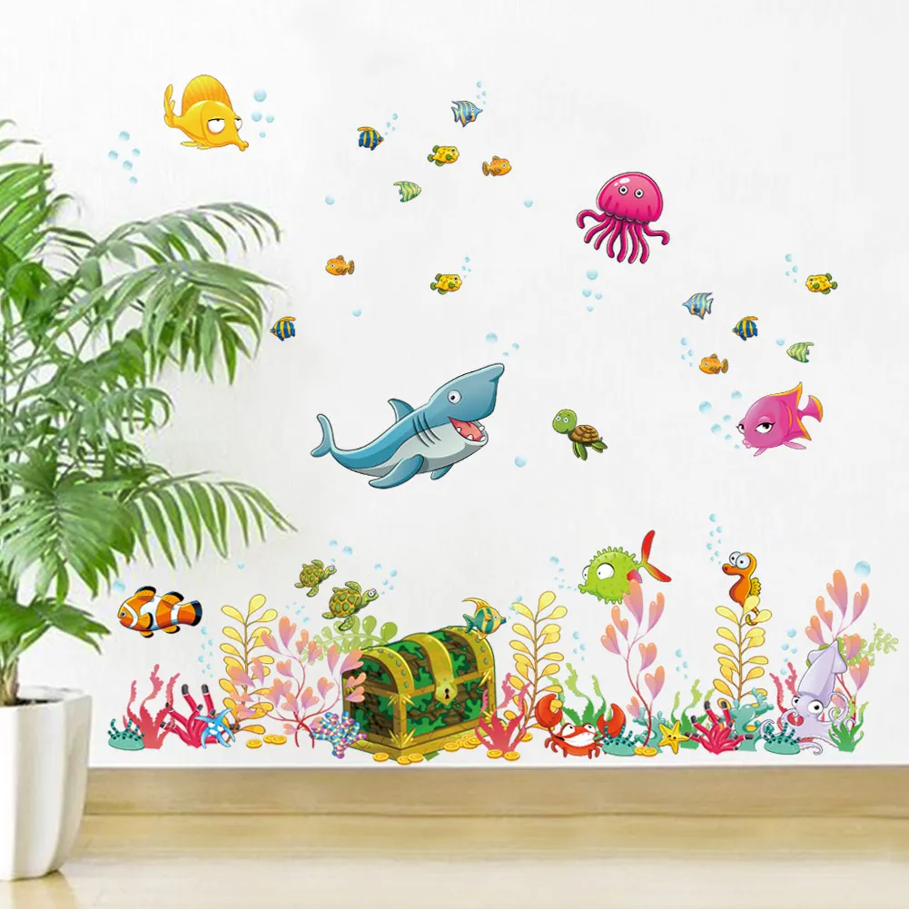 Waterproof Cartoon Underwater Animal World Wall Stickers for Kids Room Bathroom Bedroom PVC Wall Decals Removable Murals Decor