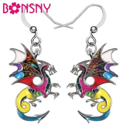 BONSNY Enamel Alloy Floral Curly Tail Roaring Dinosaur Dragon Earrings Drop Dangle Fashion Jewelry For Women Girls Teens Gifts