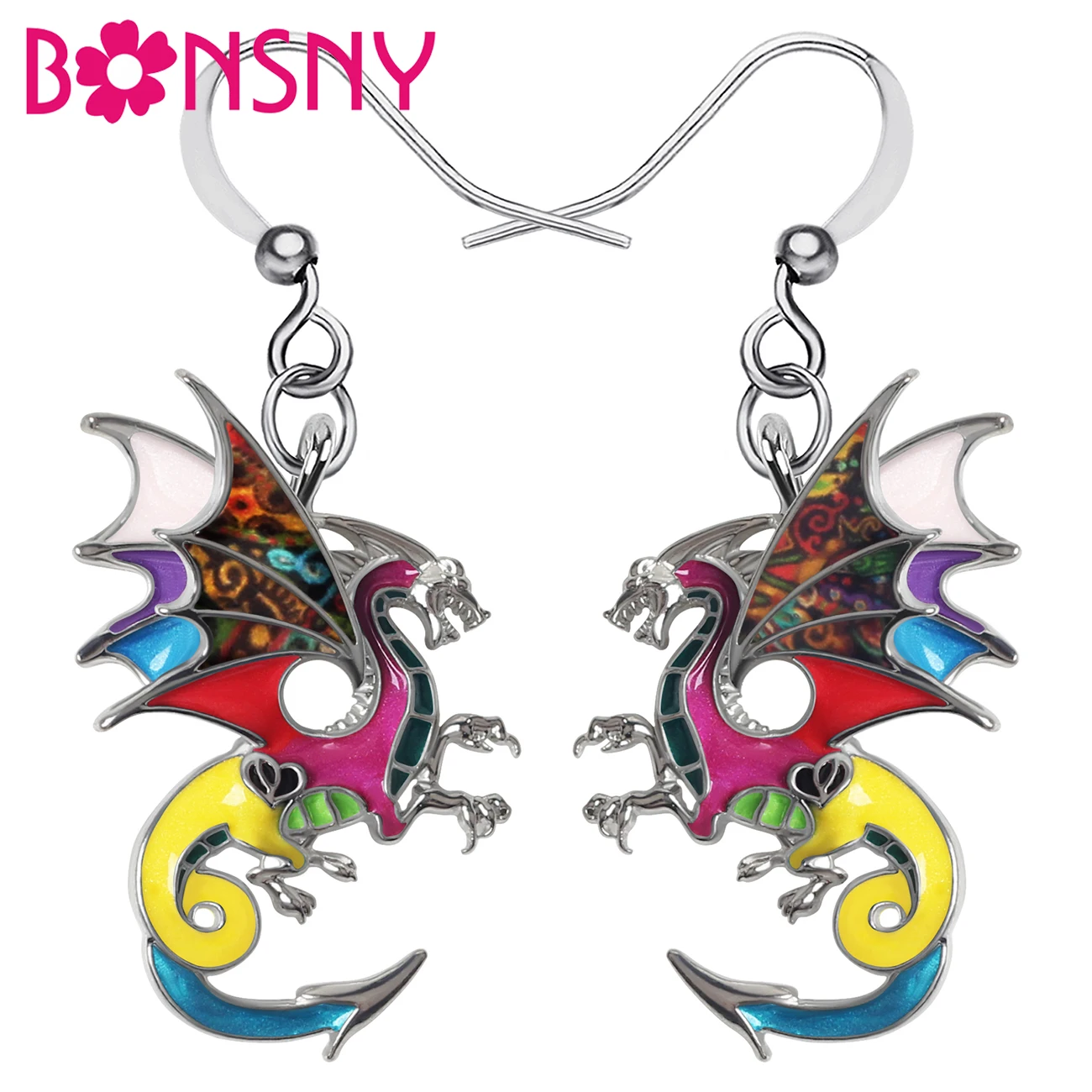 BONSNY Enamel Alloy Floral Curly Tail Roaring Dinosaur Dragon Earrings Drop Dangle Fashion Jewelry For Women Girls Teens Gifts