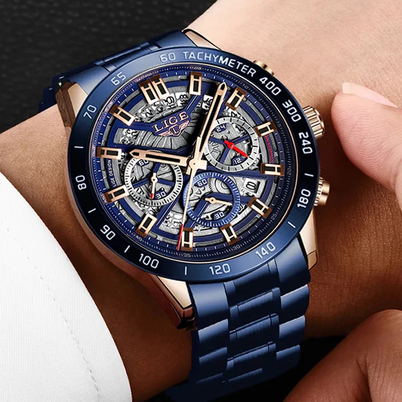 LIGE 2024 New Fashion Mens Watches with Stainless Steel Top Brand Luxury Sports Chronograph Quartz Watch Men Relogio Masculino