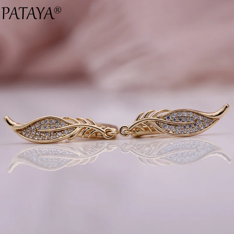 PATAYA New Long Leaf Dangle Earrings Natural Zircon Stereoscopic Women Earring 585 Rose Gold Color Wedding Fine Fashion Jewelry