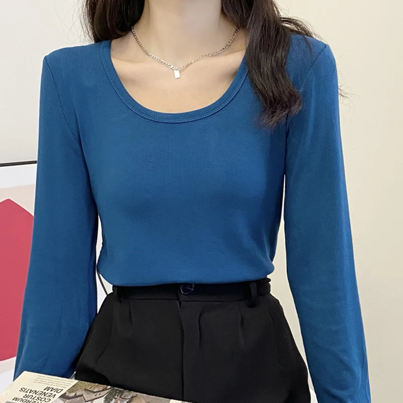 Tee Shirt Femme Solid Screw Thread T Shirt Women Spring Long Sleeve Top Poleras Mujer Slim Cotton Tshirt Korean Clothes Autumn