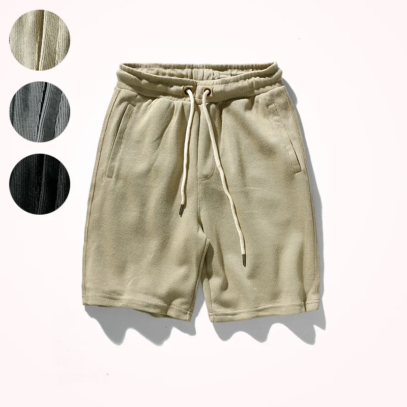 Summer New Japanese Retro Heavyweight Thick Material Knitted Solid Color Shorts Men's Pure Cotton Sports Casual 5-point Trousers