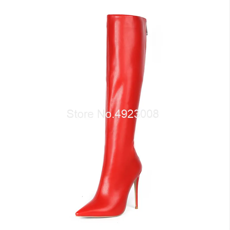 Women Riding Boots 12Cm Thin Heel Fur Boots Back Zipper Knee High Red Boots Handmade Customize Women Shoes Winter Long Boots New