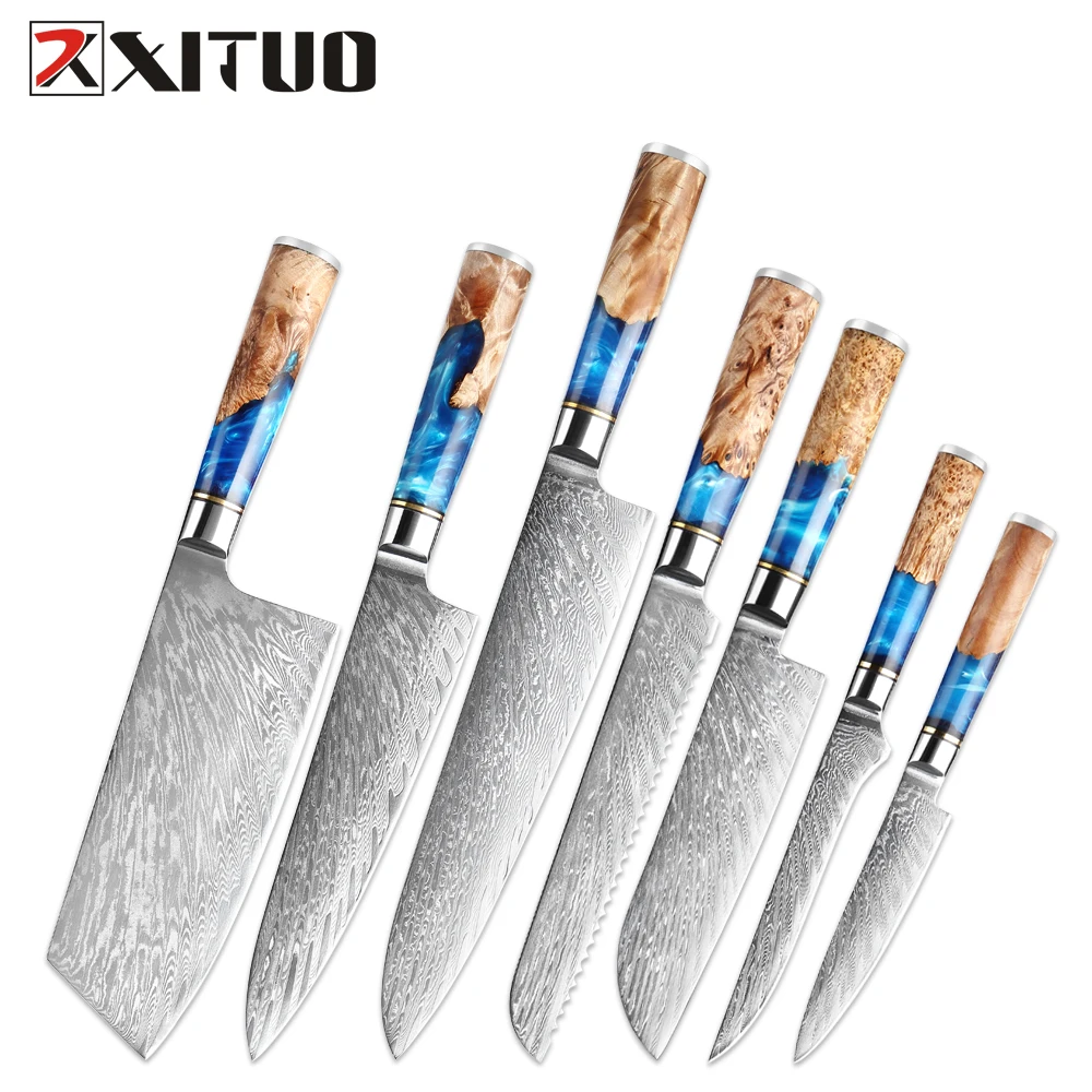 XITUO Professional Kitchen Chef Knife Damascus Steel Japan VG10 Premium Blue Resin and Colored Wooden Handle Cooking Tools