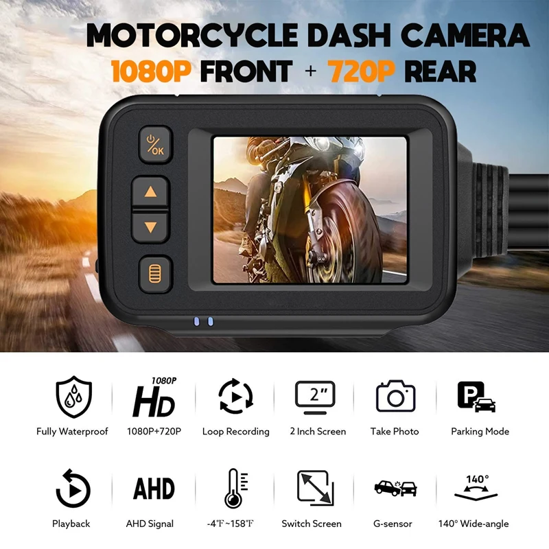 Motorcycle Camera Dash Cam, 2Inch IPS Screen 1080P+720P Dual AHD Bike Dashcam G-Sensor Parking Mode Driving Recorder Black