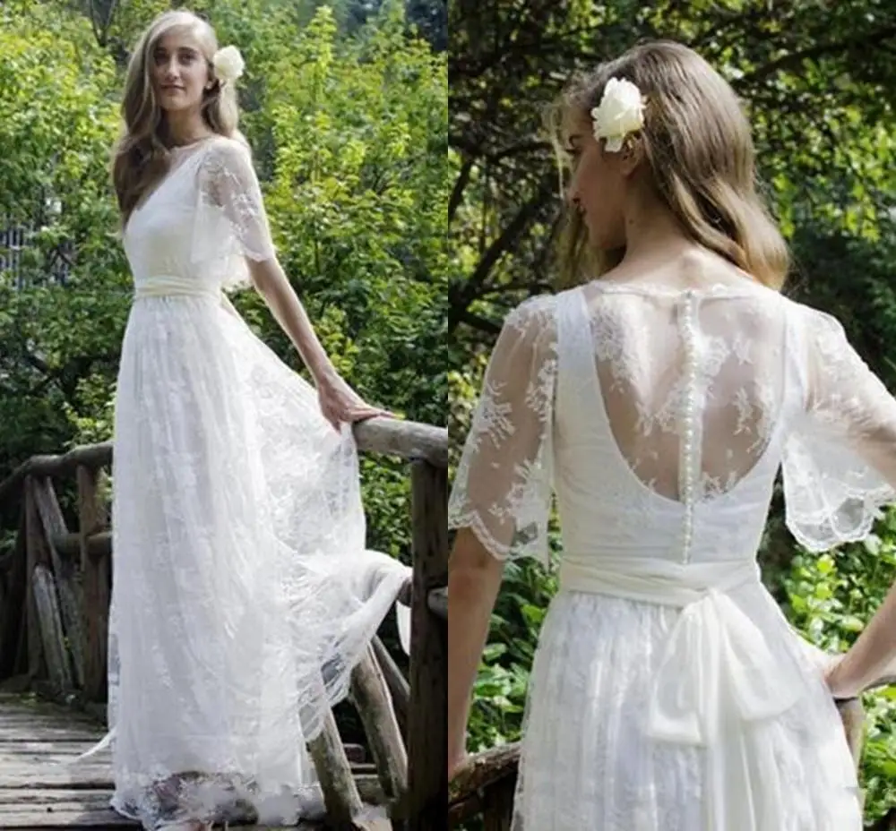 

2024 New Bohemian Beach Lace Wedding Dresses Elegant Plus Size Floor Length Boho Bridal Gown Vestidos De Noiva