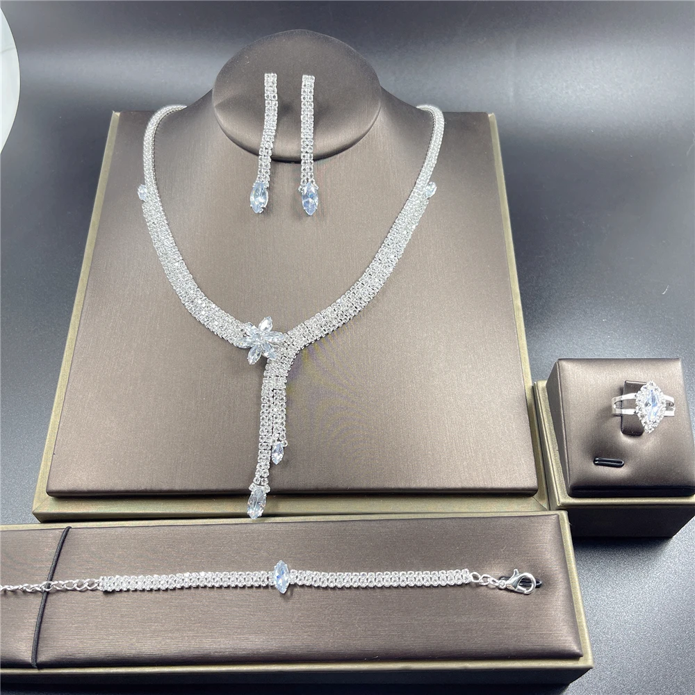 Luxury Zircon Water Drop Rhinestone Necklace Earrings Ring Set Shiny Fashion Elegant Women Bridal Jewelry Sets wholesale