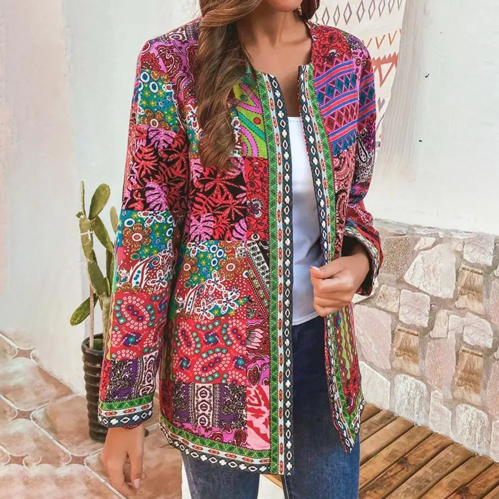 6XL Jacket Coat Women Fashion Autumn Winter Ethnic Floral Print Long Sleeve Loose Jacket Coat Cardigan Loose Outerwear Chic Top