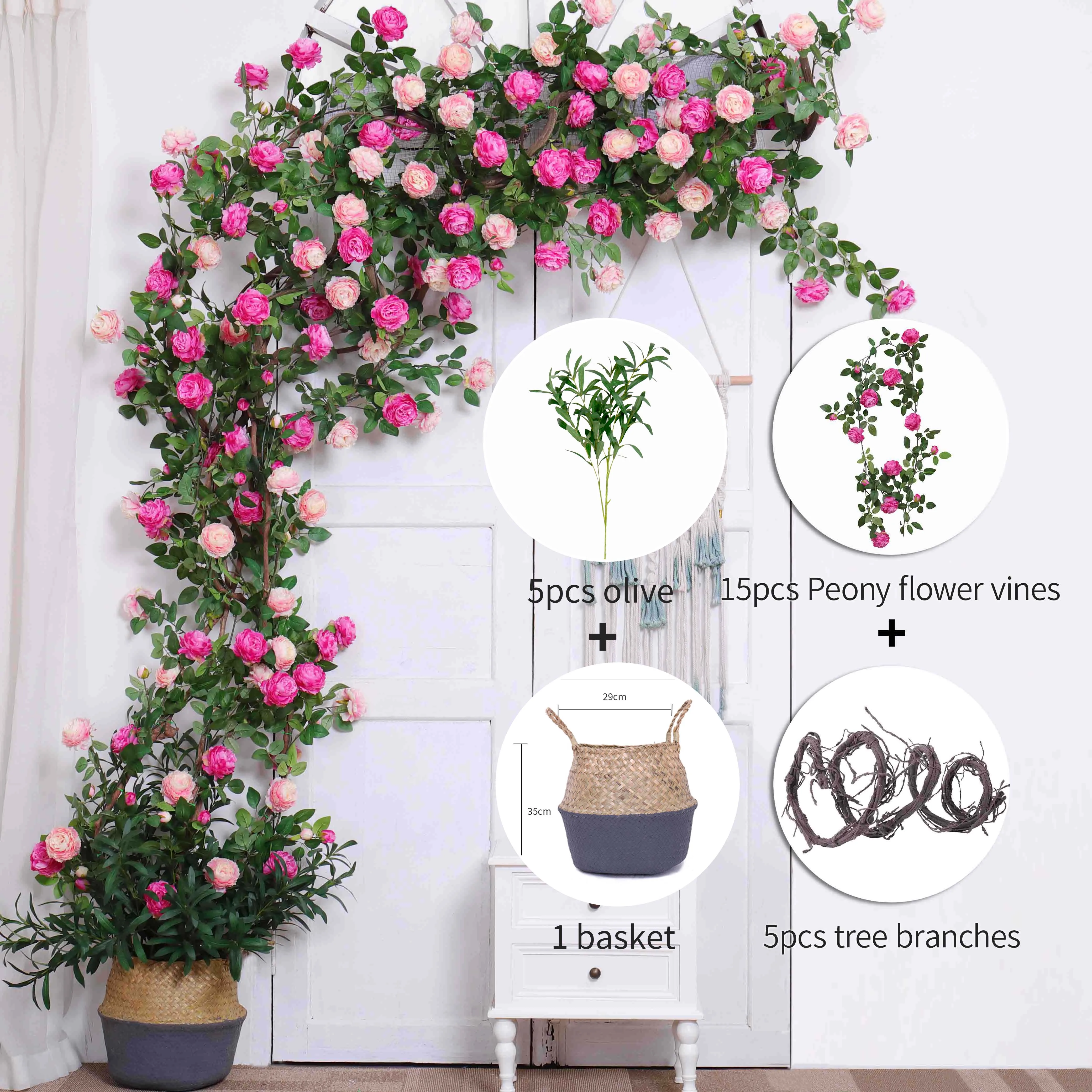 Set Artificial Peony flowers with basket Suit Silk Tree Wall Hanging Background Home Party Wedding Backdrop Landscape Decoration