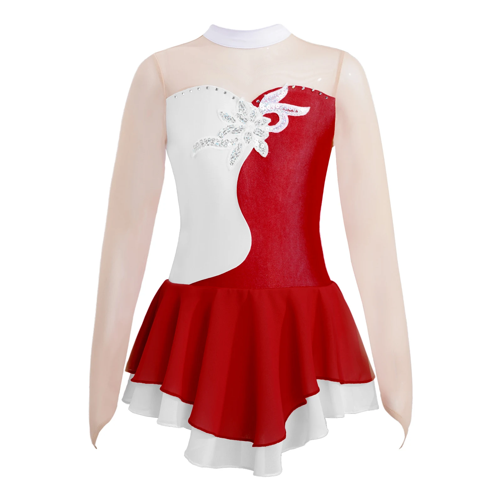 Figure Skating Dress Kids Girls Long Sleeve Rhinestone Patchwork Ballet Gymnastics Leotard Dance Dress for Dancing Competition