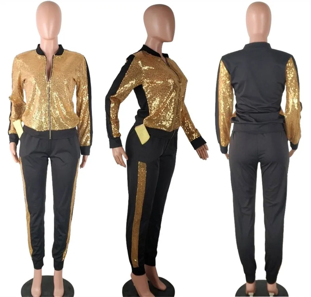 Autumn Winter Sequin 2 Piece Set Women Tracksuit Long Sleeve Jacket Top Pants Suit Streetwear Sparkly Matching Sets Club Outfits