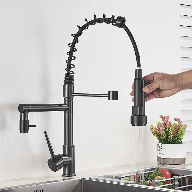 Shinesia Black Kitchen Faucet Pull Out Sink Deck Mount Dual Spout Spring Mixer Tap Hot and Cold Water 25 Types