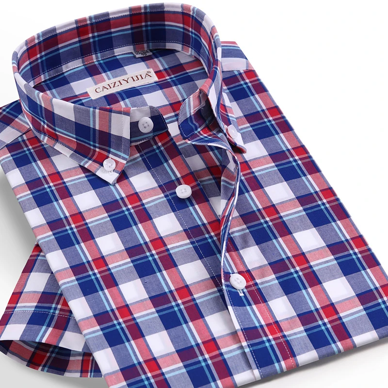 Men's Summer Short Sleeve Plaid Checkered Shirt Pocket-less Design Casual Button-down Collar Standard-fit Cotton Gingham Shirts