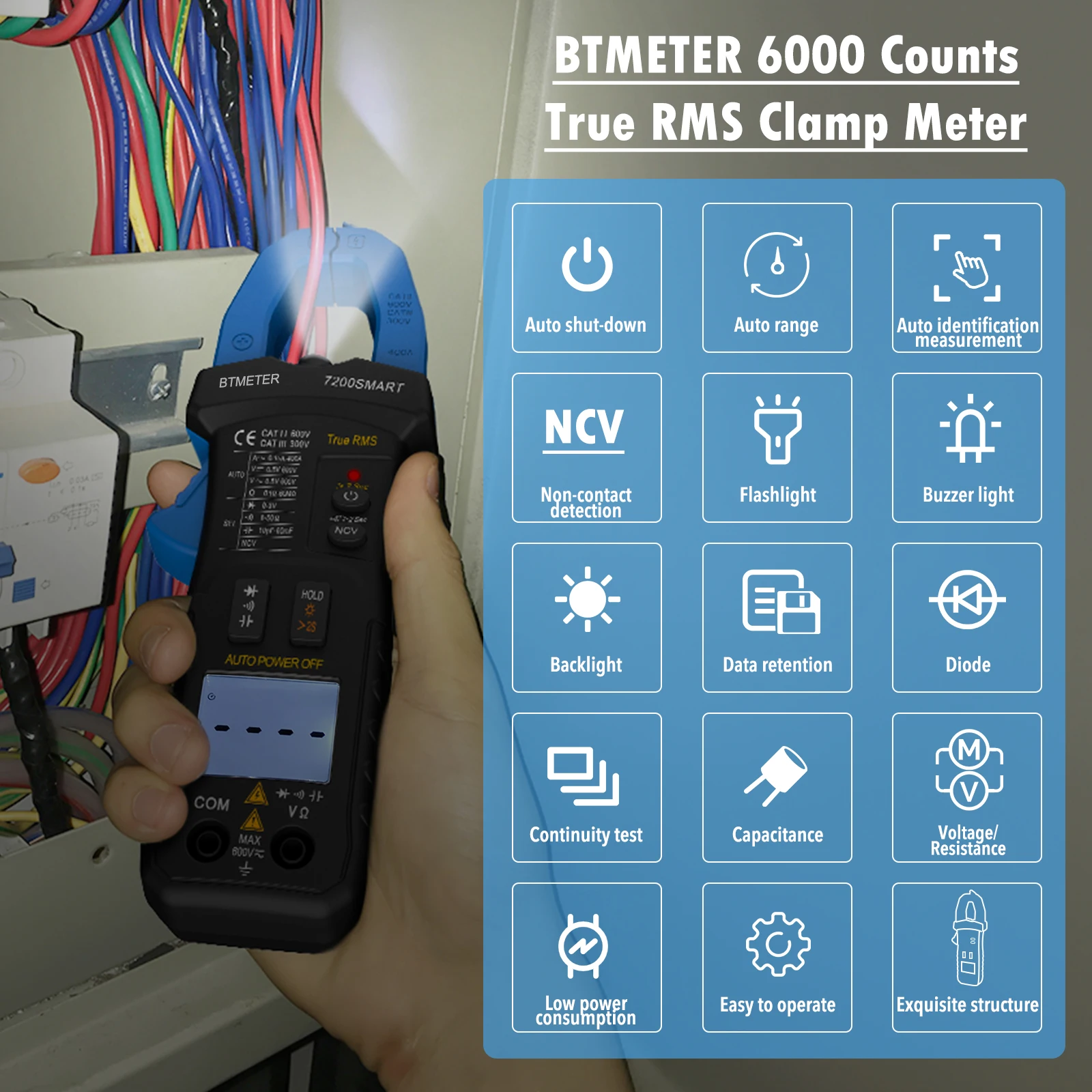 BTMETER Digital Clamp Multimeter,TRMS 6000 Count AC/DC Voltage Current Meter, Auto Range to Measure Resistance, Capacitance, NCV