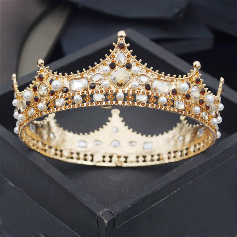 Baroque Royal Queen King Diadem Crystal Pearls Tiaras Wedding Crown Hair Jewelry Head Ornaments Prom Party Accessories