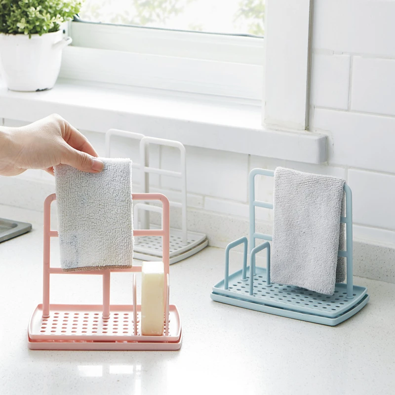 Kitchen Countertop Rag Drain Rack Hanging Punch-Free Organizer Stand Plastic Dish Cloth Towel Sponge Soap Storage Holder Shelf