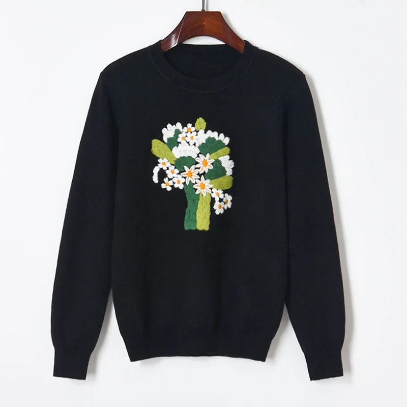 2021 Autumn Winter Pullover Jumpers Sweater Women Hand Embroidered Daisy Knit Sweater Women O Neck White Black Pullovers Tops