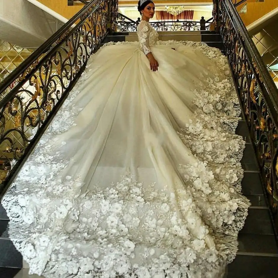 Neues Hochzeitskleid 1 m Zug 2025 Luxus Spitze Perlenapplikation 3D Blumen Ärmel Arabisches Brautkleid Robe De Mariage Maßgeschneidert