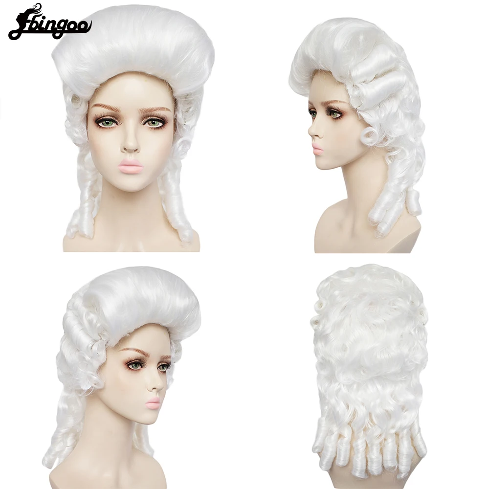 Ebinoo White Lawyer Wig Baroque Curly Colonial Female Lawyer Judge Deluxe Historical Costume Synthetic Cosplay Wig for Halloween