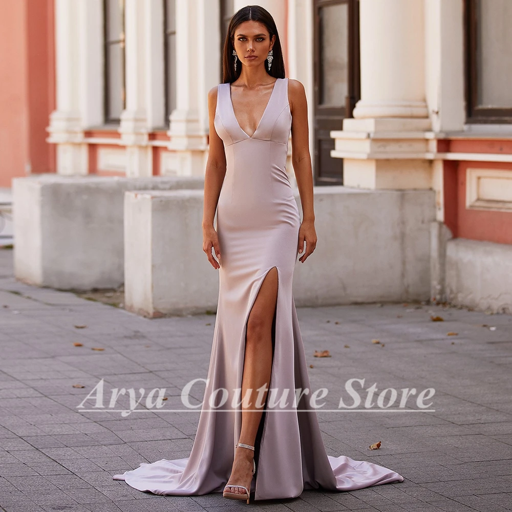 Sexy Mermaid Sleeveless V-Neck Evening Dress Sweep Train Side Split Backless Party Gowns Special Occasion Dresses Customized