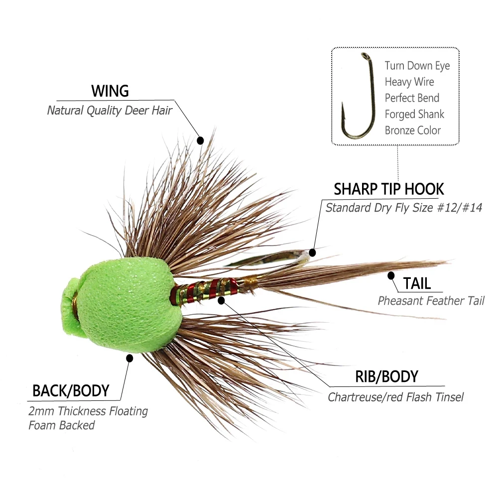 Bimoo 6PCS #12 #14 Fly Tying Natural Deer Hair Grass Foam Back Hopper Dry Flies Trout Bass Fishing Fly Floating Lure Baits Green