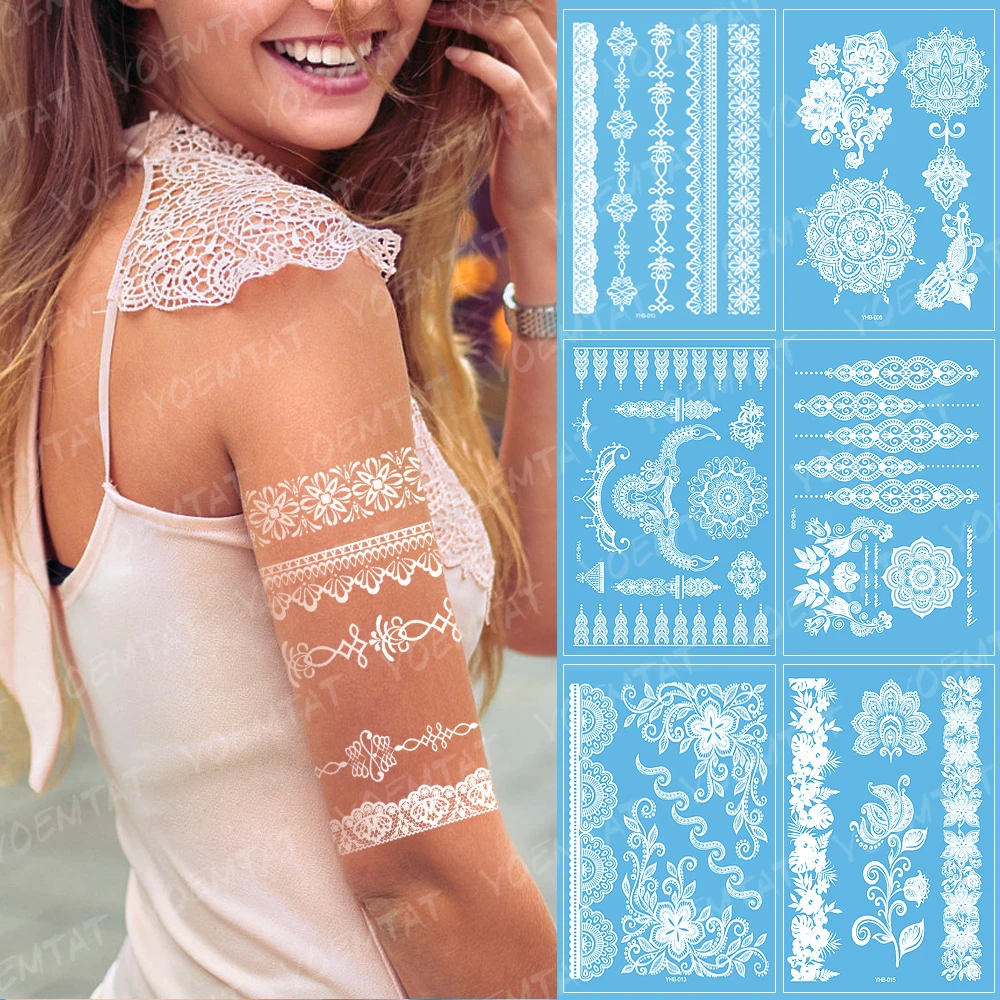 

Sexy Lace White Bride Henna Temporary Tattoo Sticker Women Hand Jewelry Tatoo Paste Waterproof Fake Body Art Tatto Stickers