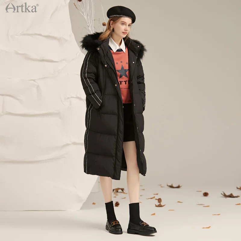 ARTKA 2021 Winter New Women Down Coat Fashion Casual 90% White Duck Down Coat Long Hooded Fur Collar Black Warm Coats YK20011D