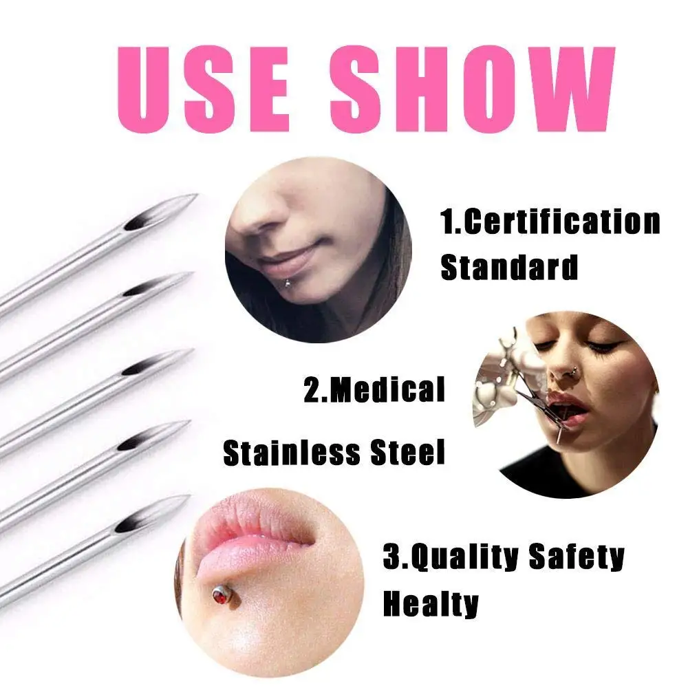 100PCS Piercing Needles Surgical Steel Disposable Body Piercing Needles E.O.Gas Sterilized Permanent Makeup Tattoo Needles