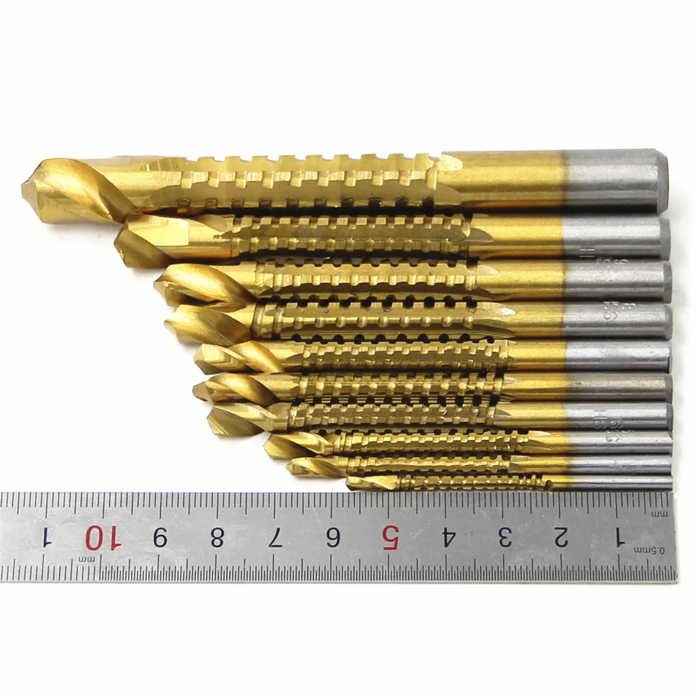 Brocas revestidas de titânio hss, brocas elétricas com 10 peças para cortadores de moagem de metal para madeira, 3/4/5/6/6, 5/8mm