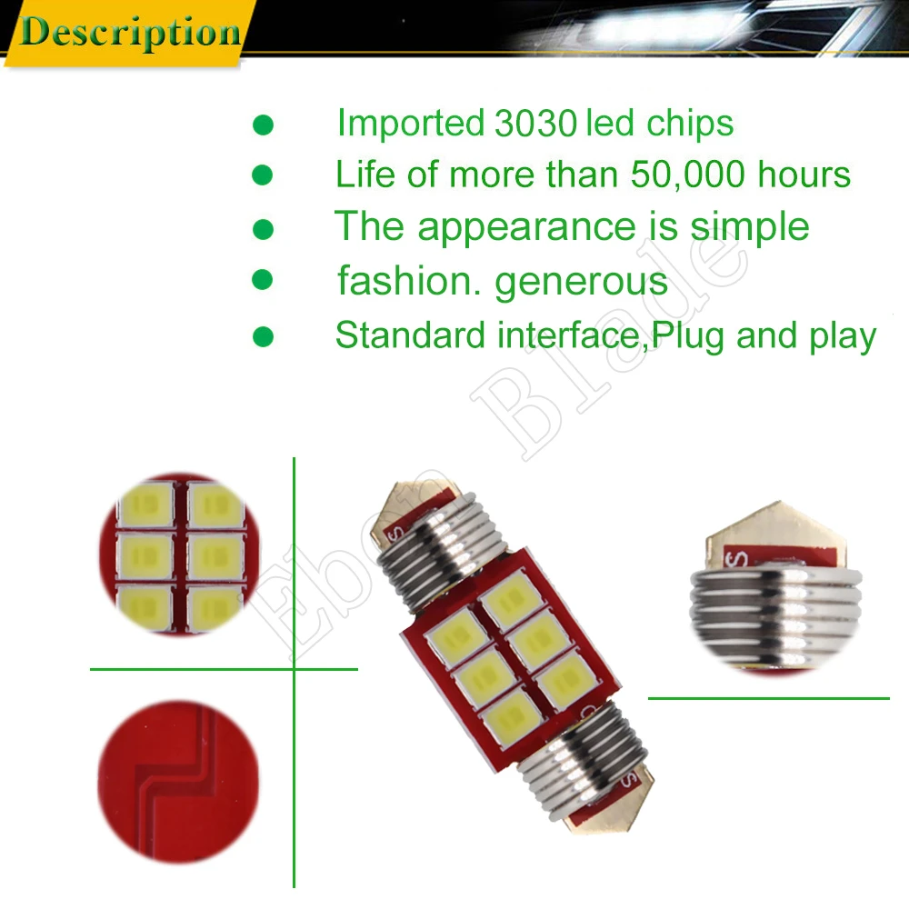 10Pcs 28mm 31mm C5W Car LED Light 3030 6SMD Interior Festoon Dome Map Reading Bulb Auto Door Trunk License Plate Lamp White 12V