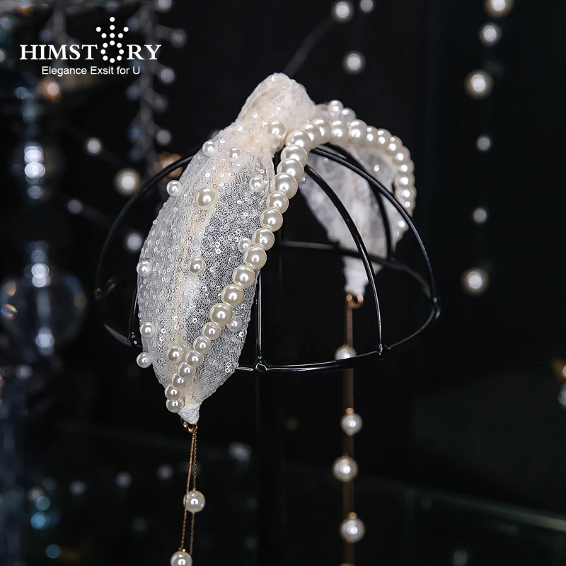 HIMSTORY New Retro European Pearl Sequin Headband Bridal Headdress Simple Wedding Hair Accessories Tassel Hairwear