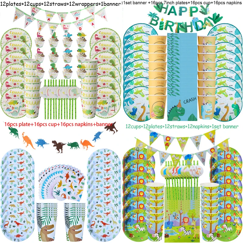 

49pcs Dinosaur Theme Party Tableware Set Paper Plate Cup Napkin Banner Dino Happy 1st Birthday Party Decoration For Kids Boys