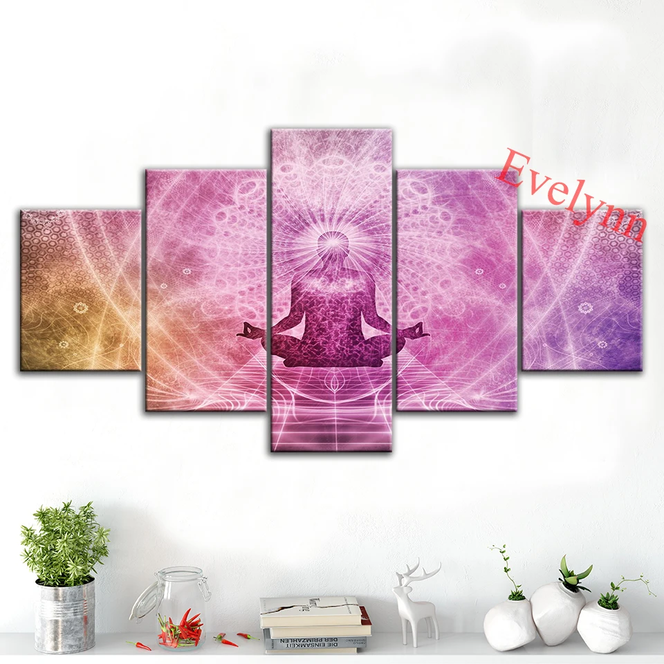 

5 Piece Buddha Yoga Vintage Poster Modern Canvas Prints Wall Art Zen Buddh Modular Pictures For Living Room Decor Painting Frame